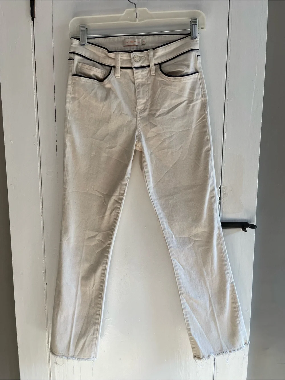 Tory Burch Nautical Style Straight-Leg Frayed Hem Jeans White Black Piping 25
